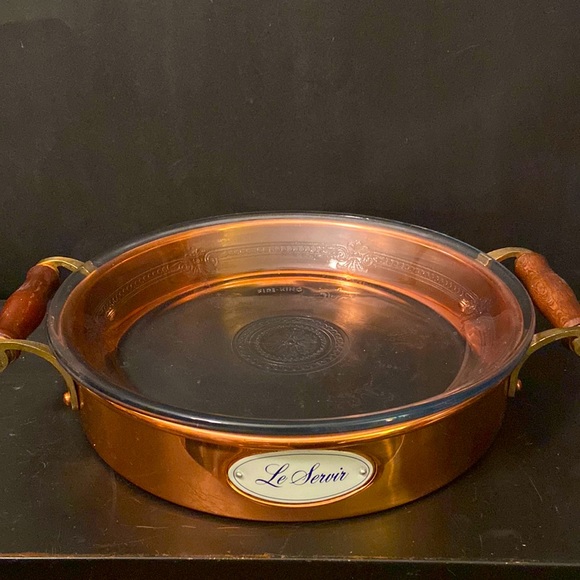 Fire-King Glass Baking Dish w/ Copper Handled Stand Holder